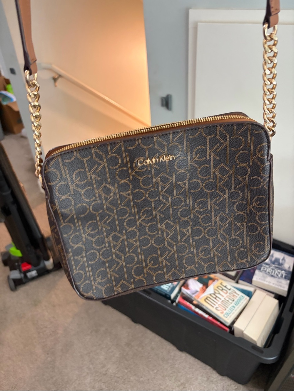 Calvin Klein Brown Monogram Crossbody Bag with Gold Chain